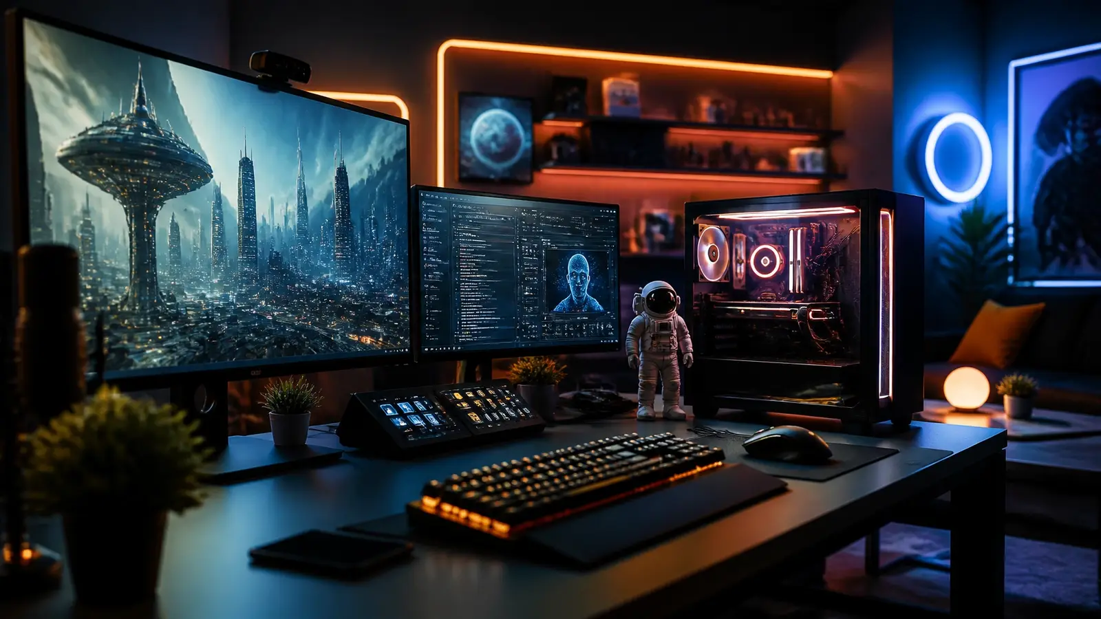Eine futuristische, farbenfrohe Tech-Landschaft als Sinnbild für die Themenwelt von Nerdoase